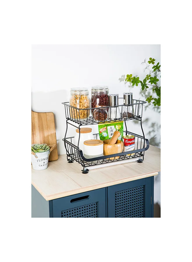 DANUBE HOME Atticus 2 Tier Iron Storage Cart With Tray Metal Iron Modern Houseware Fruit And Vegetables Rack L 41x29 X H 37cm Black