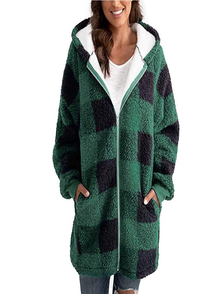 Eckek - Women's Checked Jacket Hoodie Warm Open Forehead Puffy Sweater And Pockets - Image 1
