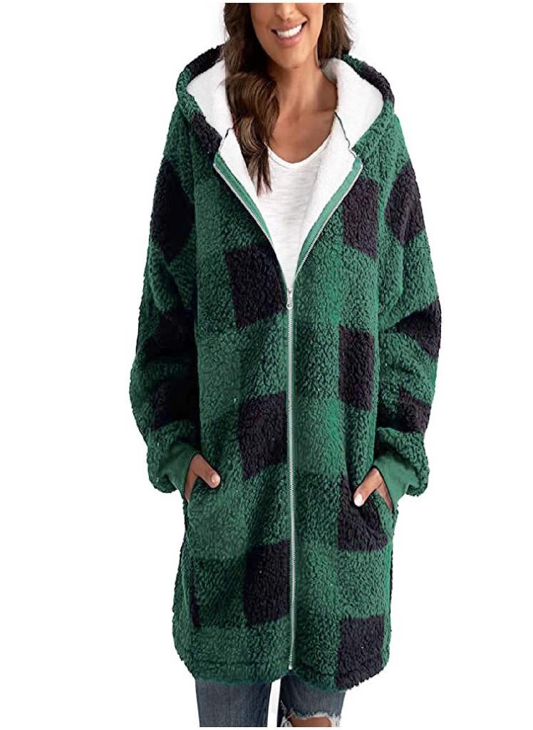 Eckek - Women's Checked Jacket Hoodie Warm Open Forehead Puffy Sweater And Pockets - Image 1
