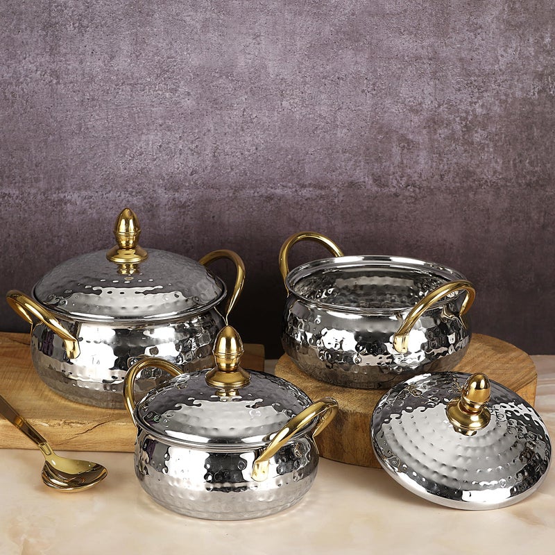 Chakmak Nexon Handi 3 Pcs Set | PVD Coated Handle | Hammered Design | Stainless Steel | Handi Set for Kitchen | Perfect for Cooking & Serving (3Pcs) - Image 1