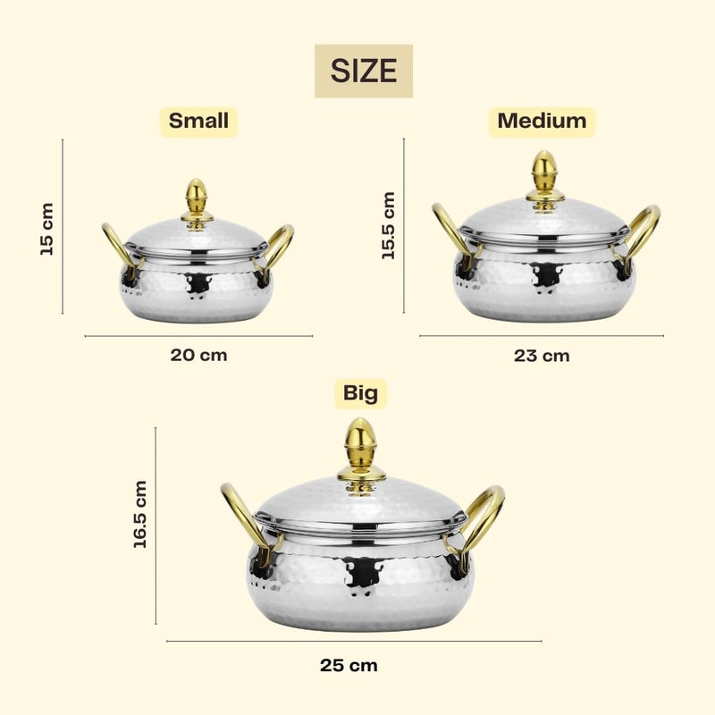 Chakmak Nexon Handi 3 Pcs Set | PVD Coated Handle | Hammered Design | Stainless Steel | Handi Set for Kitchen | Perfect for Cooking & Serving (3Pcs) - Image 3