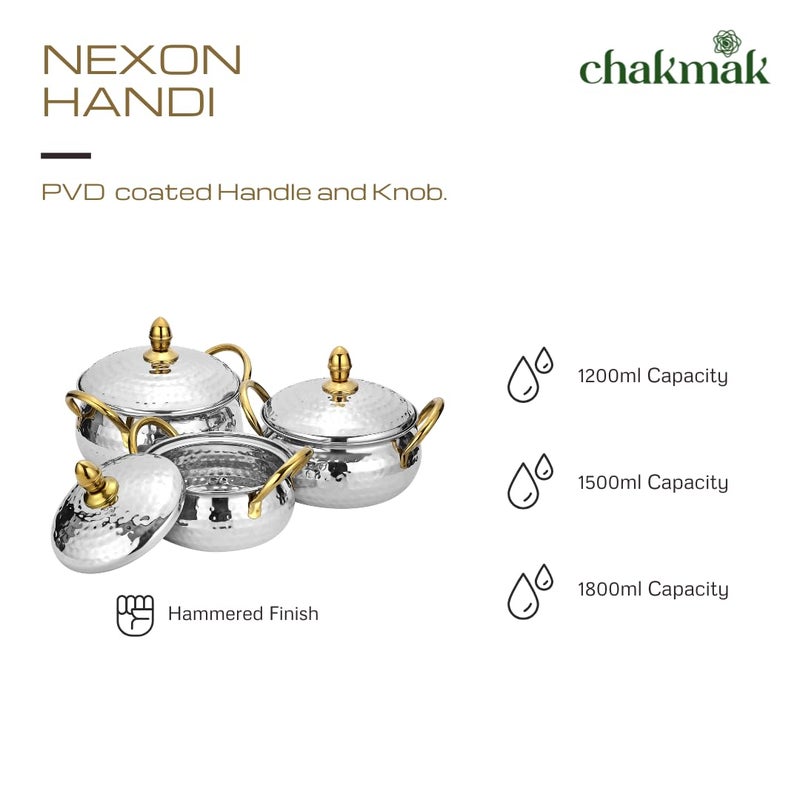 Chakmak Nexon Handi 3 Pcs Set | PVD Coated Handle | Hammered Design | Stainless Steel | Handi Set for Kitchen | Perfect for Cooking & Serving (3Pcs) - Image 2