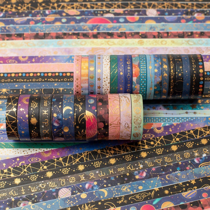 YUBX Skinny Galaxy Washi Tape Set 30 Rolls Gold Foil Decorative Starry Space Masking Tapes for Arts, DIY Crafts, Journals, Planners, Scrapbook, Wrapping - Image 2
