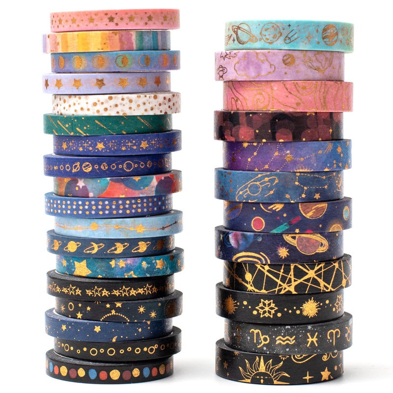 YUBX Skinny Galaxy Washi Tape Set 30 Rolls Gold Foil Decorative Starry Space Masking Tapes for Arts, DIY Crafts, Journals, Planners, Scrapbook, Wrapping - Image 1