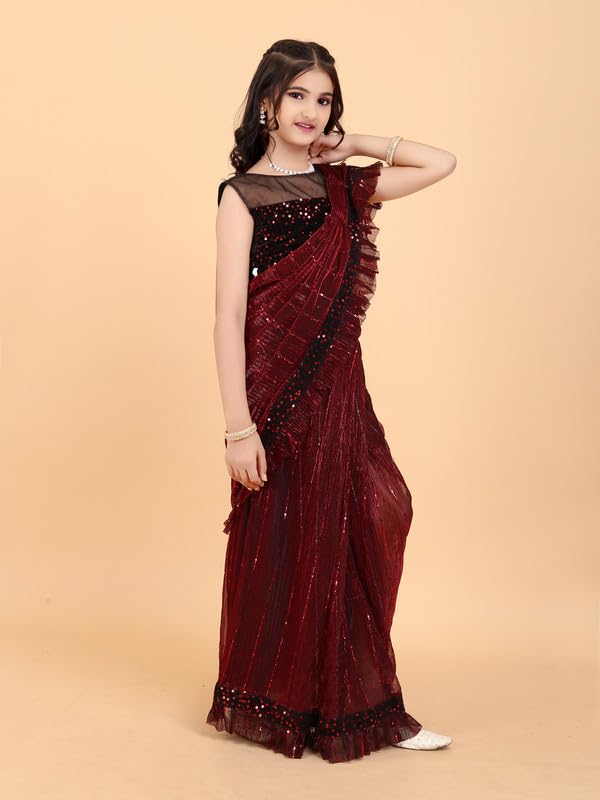 Xavima Kids Supernet Tikli Work Ready to Wear Saree With Unstitched Blouse Piece- Maroon_Size : 4-5 Y - Image 4