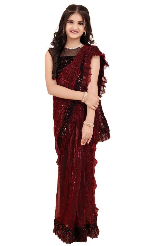 Xavima Kids Supernet Tikli Work Ready to Wear Saree With Unstitched Blouse Piece- Maroon_Size : 4-5 Y - Image 1