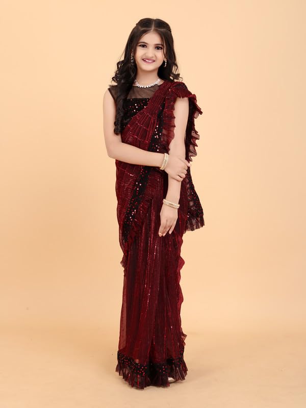 Xavima Kids Supernet Tikli Work Ready to Wear Saree With Unstitched Blouse Piece- Maroon_Size : 4-5 Y - Image 2