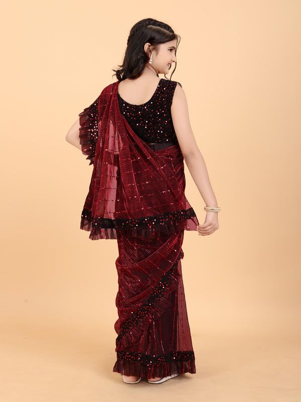 Xavima Kids Supernet Tikli Work Ready to Wear Saree With Unstitched Blouse Piece- Maroon_Size : 4-5 Y - Image 5