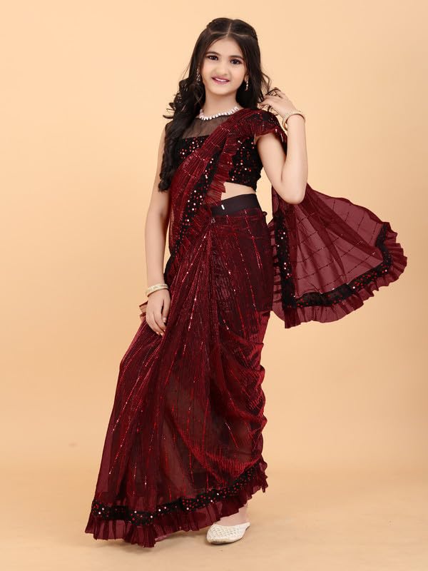 Xavima Kids Supernet Tikli Work Ready to Wear Saree With Unstitched Blouse Piece- Maroon_Size : 4-5 Y - Image 3