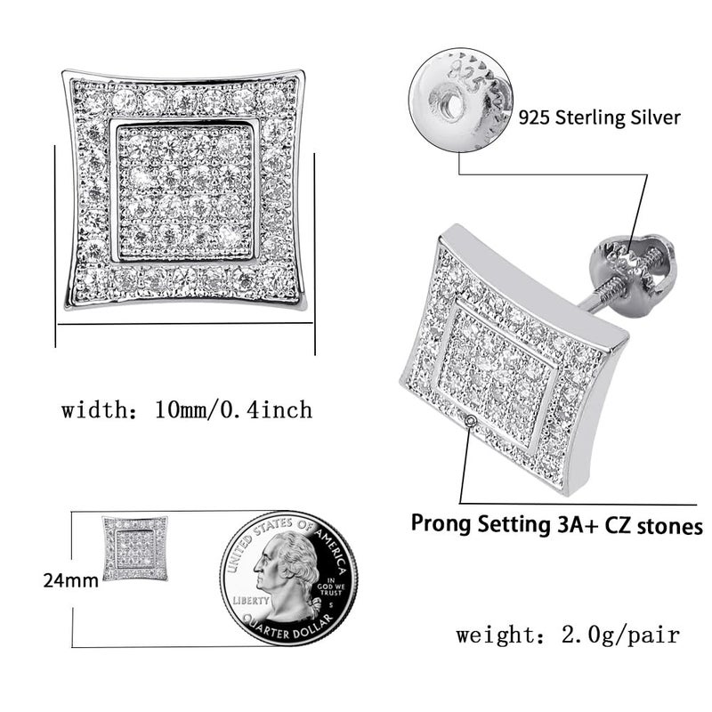 TOPGRILLZ 925 Sterling Silver Iced out Men Women 14k Gold Square Kite Screw Back Hypoallergenic Stud Earrings with Simulated Diamond (White gold - Image 2