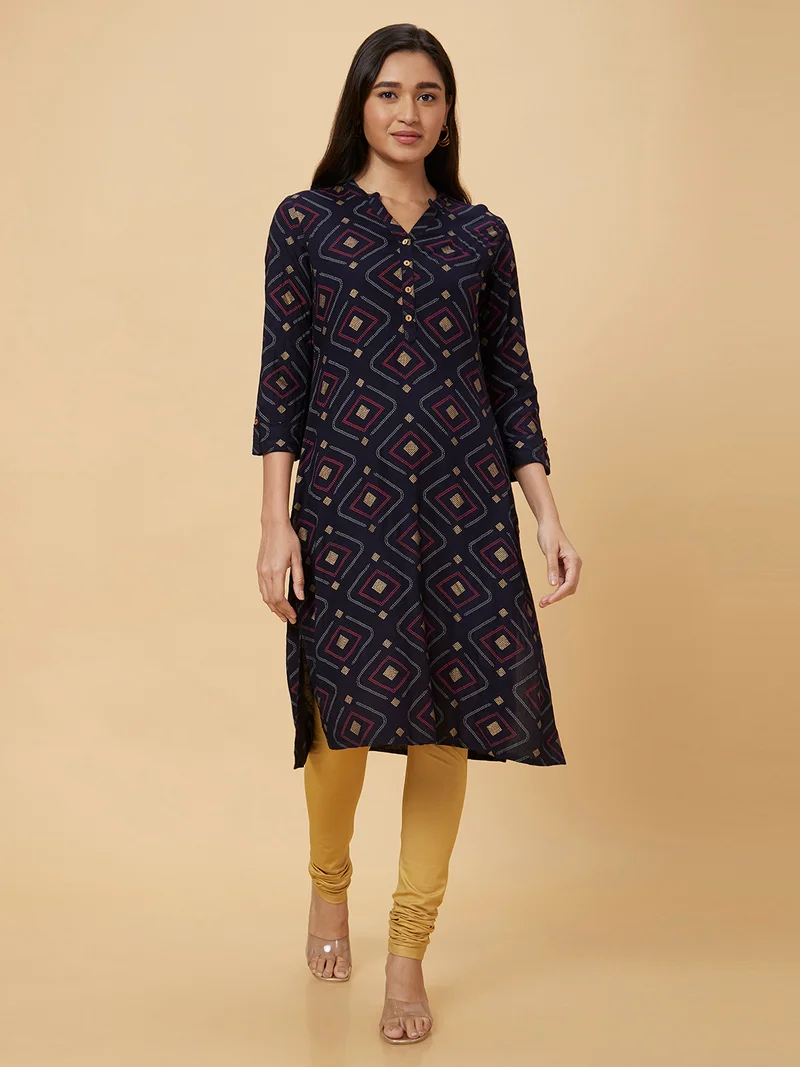 globus Women Navy Blue & Yellow Colour Geometric Printed Mandarin Collar Straight Kurta