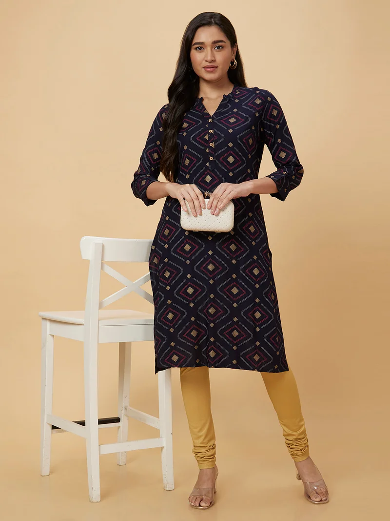 globus Women Navy Blue & Yellow Colour Geometric Printed Mandarin Collar Straight Kurta