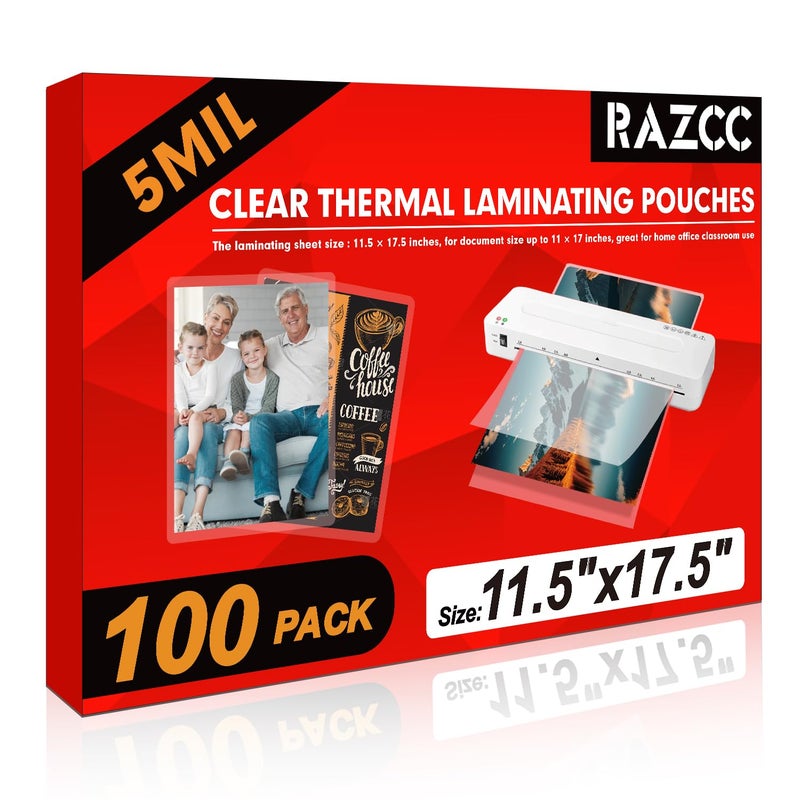 RAZCC Laminating Sheets, 100 Pack Clear Thermal Laminating Plastic Paper Laminator Sheets, 11 x 17-Inch, 5mil, Ideal Office or School Supplies - Image 1