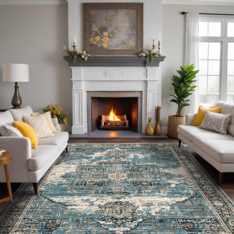 RUUGME Washable 8x10 Area Rugs - Large Rugs for Living Room Stain Resistant Carpet Vintage Rugs for Bedroom with Non Slip Backing Home Decor Floor Decoration Mat (8x10 Blue) - Image 1