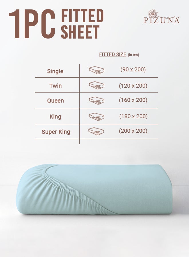 Pizuna Pure Combed Cotton Fitted Sheet 200x200 cm Baby Blue, 400 Thread Count Cool Luxury Soft 100% Long Staple Cotton Sateen Weave, Deep Pocket Bedsheet Fits 40cm (Fitted Sheet -1PC) - Image 3