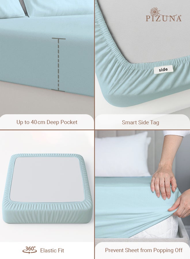 Pizuna Pure Combed Cotton Fitted Sheet 200x200 cm Baby Blue, 400 Thread Count Cool Luxury Soft 100% Long Staple Cotton Sateen Weave, Deep Pocket Bedsheet Fits 40cm (Fitted Sheet -1PC) - Image 4
