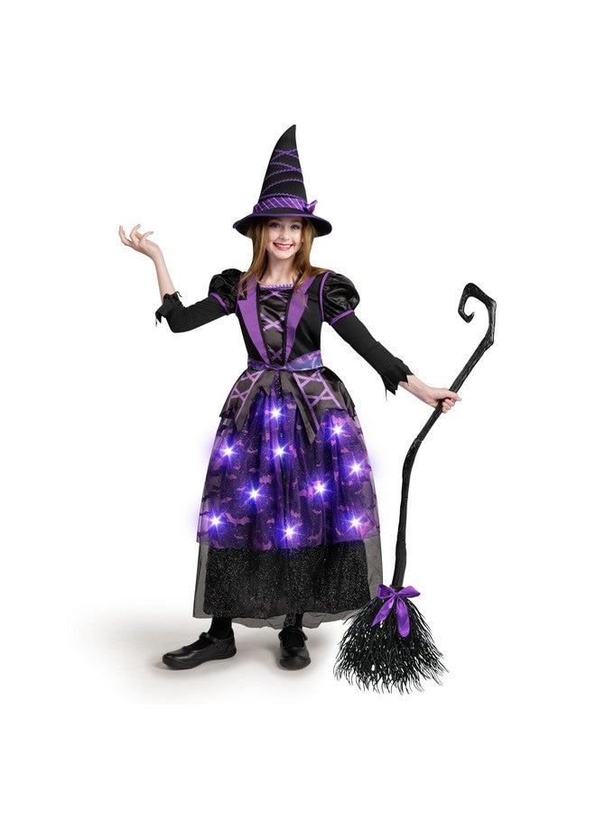 Spooktacular Creations pooktacular Creations Halloween Witch Costume Kids, Light Up Witch Dress with Hat and Broom for Girls, Toddlers Bat Outfit Set for Halloween Costumes Role Play Parties, Purple (Medium(8-10 yrs))  - Image 2