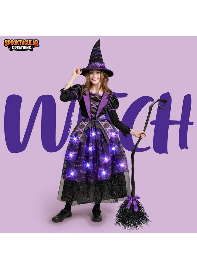Spooktacular Creations pooktacular Creations Halloween Witch Costume Kids, Light Up Witch Dress with Hat and Broom for Girls, Toddlers Bat Outfit Set for Halloween Costumes Role Play Parties, Purple (Medium(8-10 yrs))  - Image 1