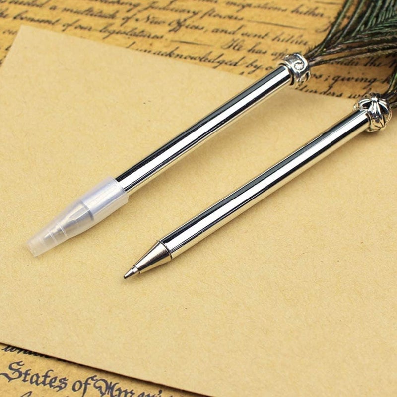 OPENDGO Peacock Feather Ballpoint Pen,Black Ink Vintage Feather Quill Refined Plated Rod Quill Ballpoint Pen For School Writing ▏Wedding Gift Signature Pen (1*Peacock Feather Pen) - Image 4
