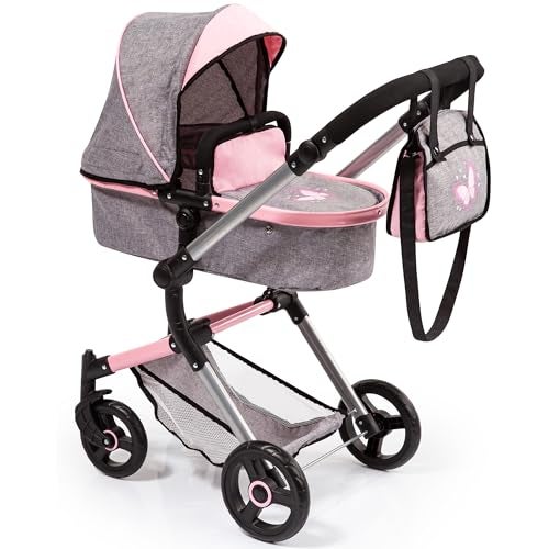 Bayer Versatile Pram City Vario Stroller  Gray  Pink Butterfly for Dolls Up To 20 with Adjustable Handle and Reversible Functionality Kids 3 - Image 1