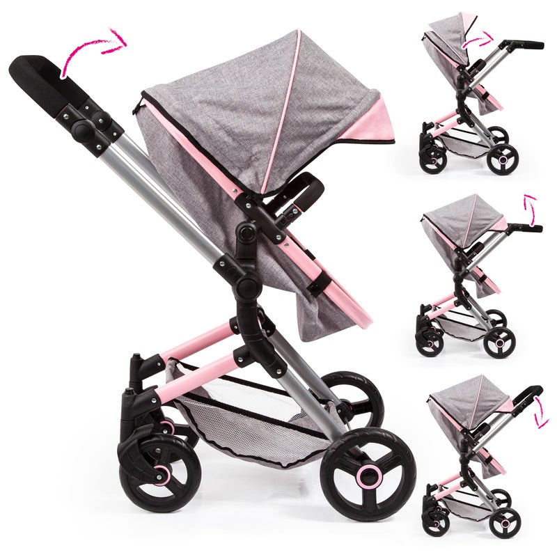 Bayer Versatile Pram City Vario Stroller  Gray  Pink Butterfly for Dolls Up To 20 with Adjustable Handle and Reversible Functionality Kids 3 - Image 3