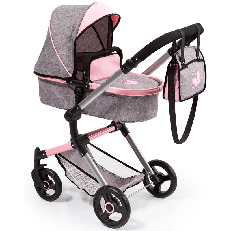 Bayer Versatile Pram City Vario Stroller  Gray  Pink Butterfly for Dolls Up To 20 with Adjustable Handle and Reversible Functionality Kids 3 - Image 2