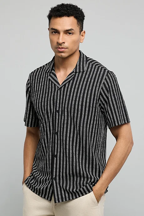 أر أند بي Striped Shirt with Reverse Collar and Short Sleeves