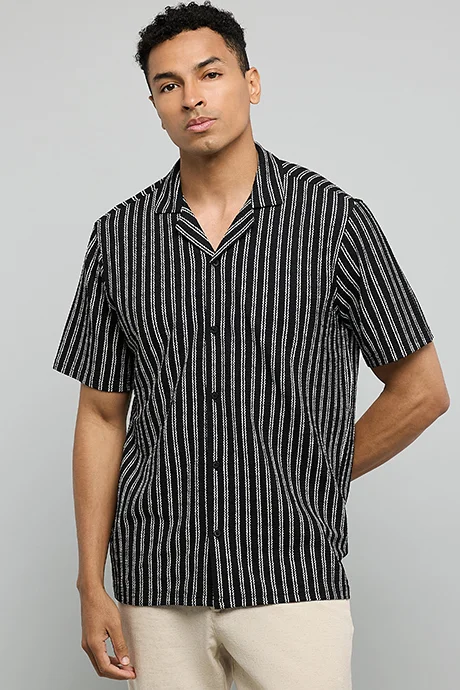 أر أند بي Striped Shirt with Reverse Collar and Short Sleeves