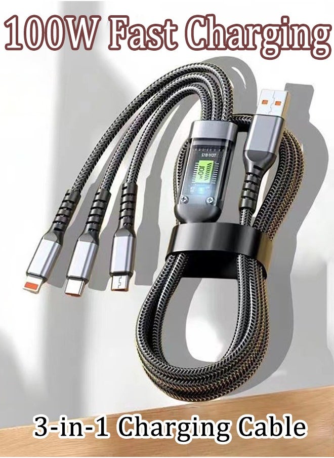 AZorb - 3 in 1 USB Charger Cables Ultra-Fast 100W Braided Nylon Charging Cable, Universal Multiple Ports Charging Cord with Type-C, Micro USB and IP Port for Cell Phones and More-1.2 M - Image 1