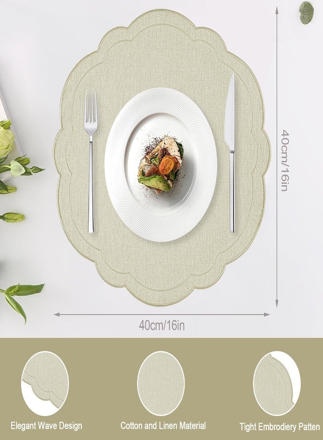 Stuffygreenus Set of 6 Beige Cotton Linen Placemats 15 Inch Embroidery Scalloped Placemats Pure Floral Table Mats Washable Fabric Table Mats for Wedding Baby Shower Tea Party Festival Spring Holiday Decor - Image 2