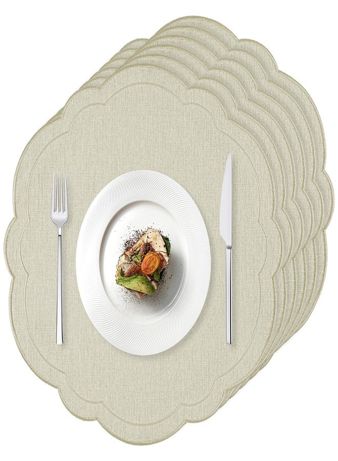 Stuffygreenus Set of 6 Beige Cotton Linen Placemats 15 Inch Embroidery Scalloped Placemats Pure Floral Table Mats Washable Fabric Table Mats for Wedding Baby Shower Tea Party Festival Spring Holiday Decor - Image 1