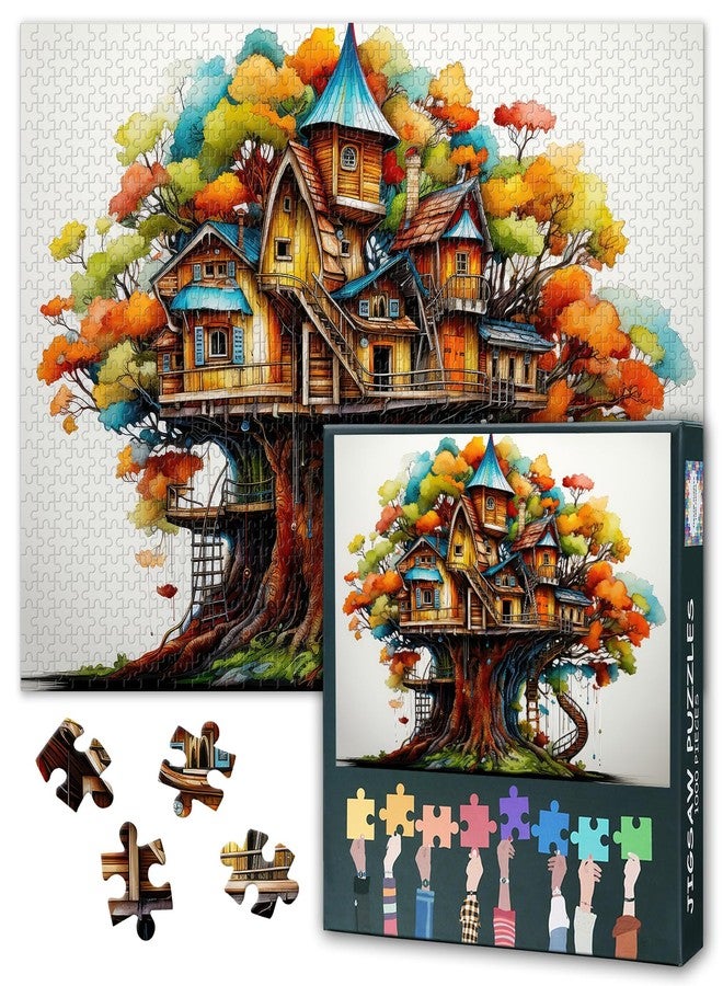 Rebotipy Whimsical Treehouse Jigsaw Puzzles 1000 Pieces for Adults Tree House Jigsaw Puzzles Home Wall Decoration Challenging Puzzle Suitable for Game Nights Finished Size: 70x50cm - Image 1