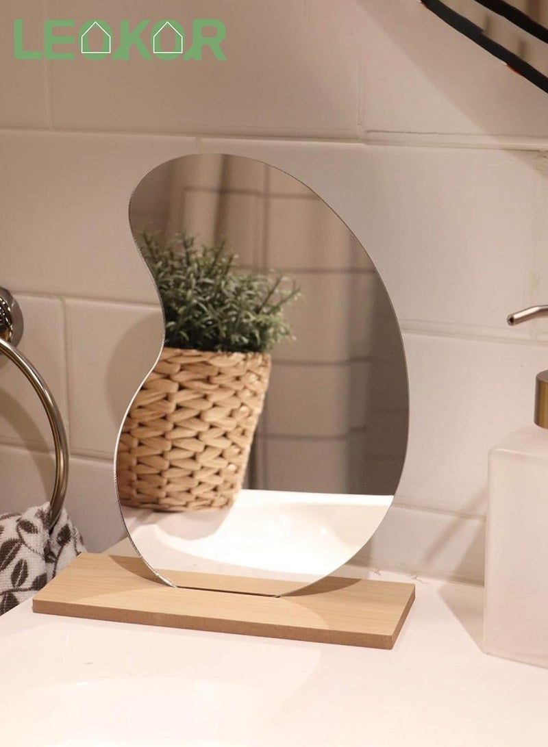 ليوكور مرآة مكياج غير منتظمة الشكل، مرآة سطح الطاولة على شكل دمعة مع حامل خشبي قابل للفصل، مرآة زينة بدون إطار لغرفة النوم، ديكور غرفة المعيشة - Image 1