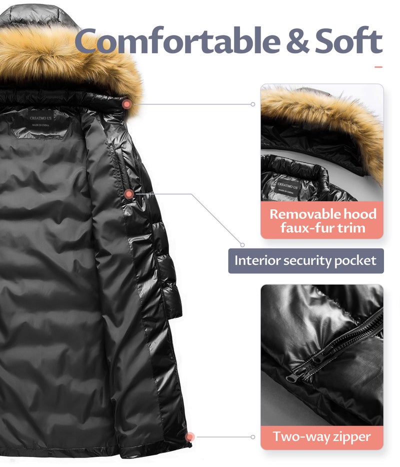 CREATMO US Ladies Metallic Long Coats For Women Winter Cold Weather Hooded Ultra Warm Long Puffy Coat Black 3XL - Image 3
