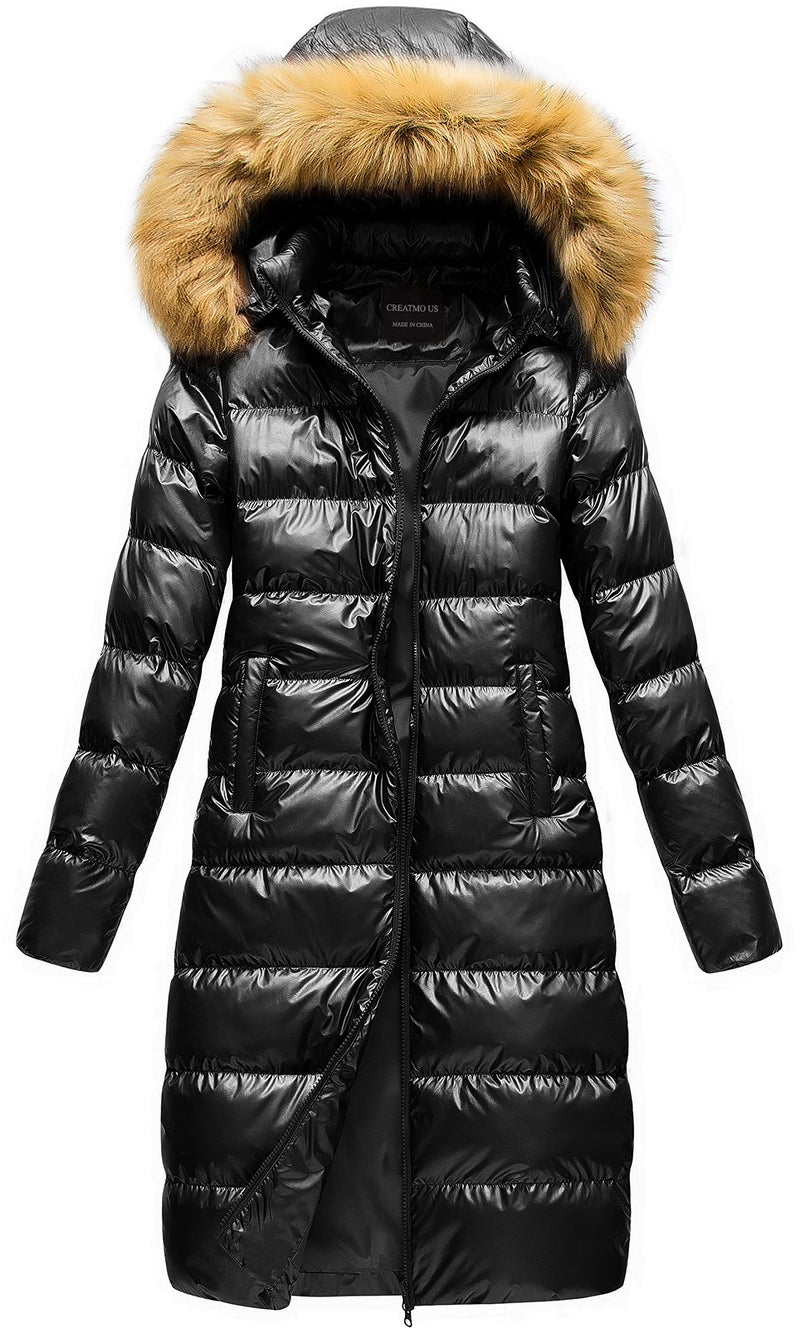 CREATMO US Ladies Metallic Long Coats For Women Winter Cold Weather Hooded Ultra Warm Long Puffy Coat Black 3XL - Image 1