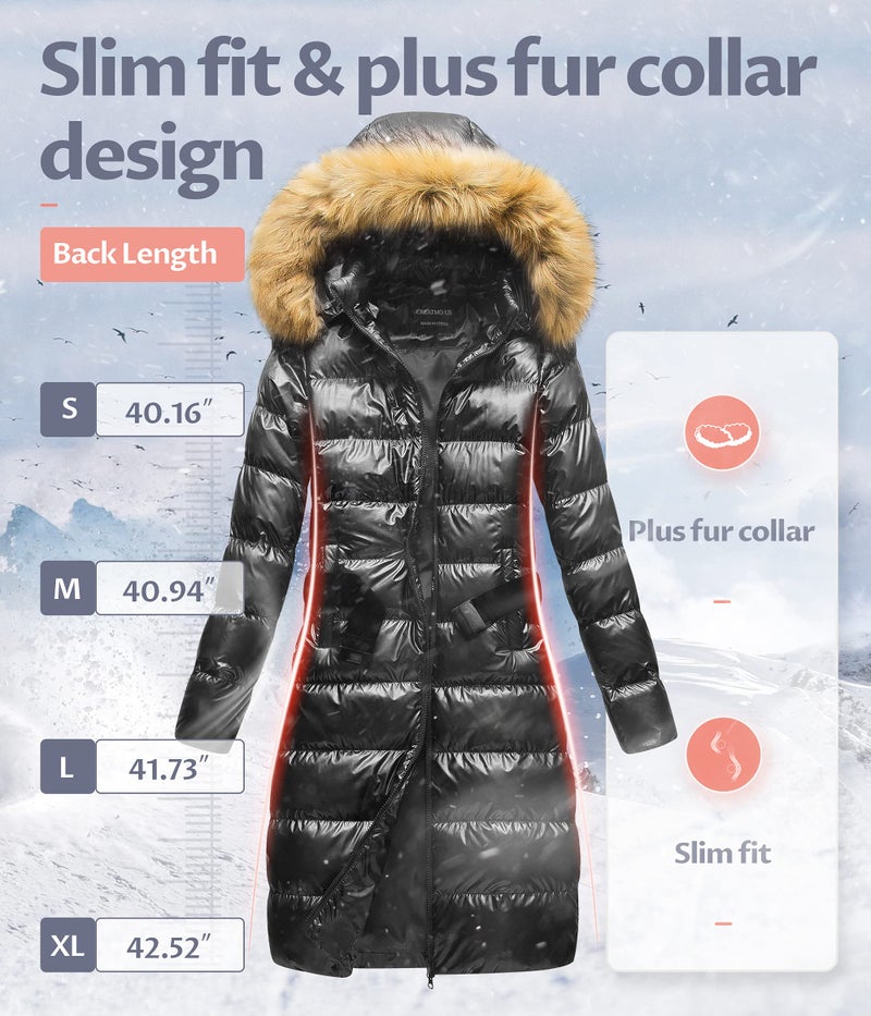 CREATMO US Ladies Metallic Long Coats For Women Winter Cold Weather Hooded Ultra Warm Long Puffy Coat Black 3XL - Image 4
