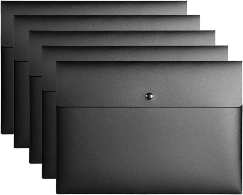VANRA Poly File Folder Pockets File Jacket Plastic Envelope Flat Document Letter Organizer with Snap Button Closure A4 Letter Size (Pack of 5, Black) - Image 1