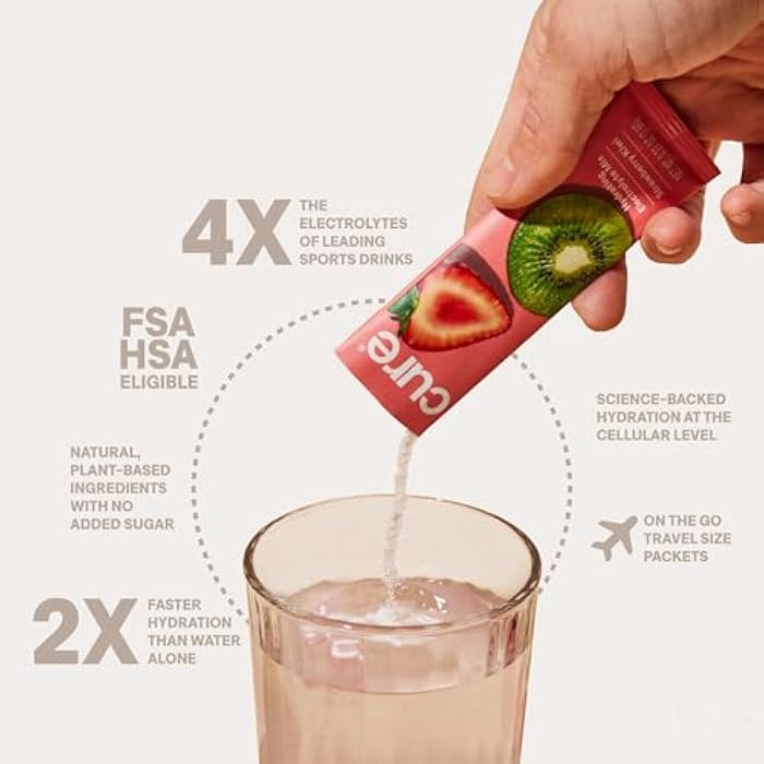 Cure Hydration | Plant-Based Electrolyte Drink Mix | No Added Sugar | FSA-HSA | Dehydration Relief Powder Made with Coconut Water | Non-GMO | Vegan | Pouch of 14 Packets - Strawberry Kiwi - Image 3