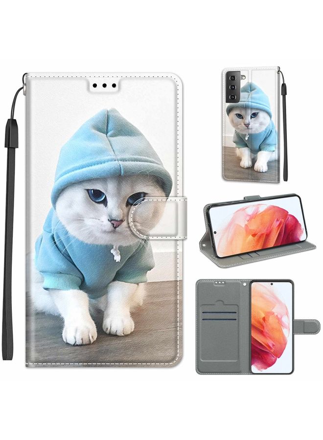 Case Cover For Samsung Galaxy S21 5G Voltage Colored Drawing Magnetic Clasp Horizontal Flip PU Leather Case with Holder & Card Slots (C15 Blue Sweater White Cat)