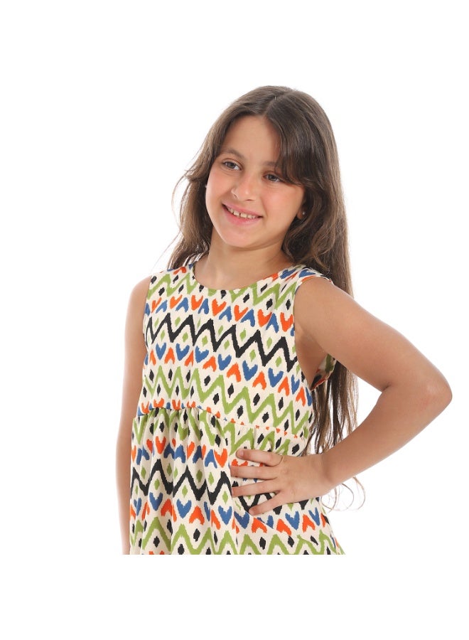 Andora Back Decorative Bow Sleeveless Girls Dress_Beige, Orange and Pistachio - Image 4