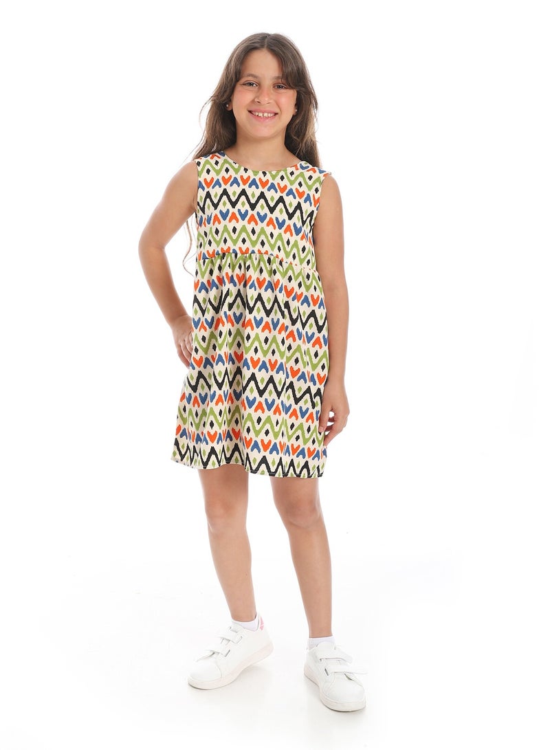 Andora Back Decorative Bow Sleeveless Girls Dress_Beige, Orange and Pistachio - Image 1