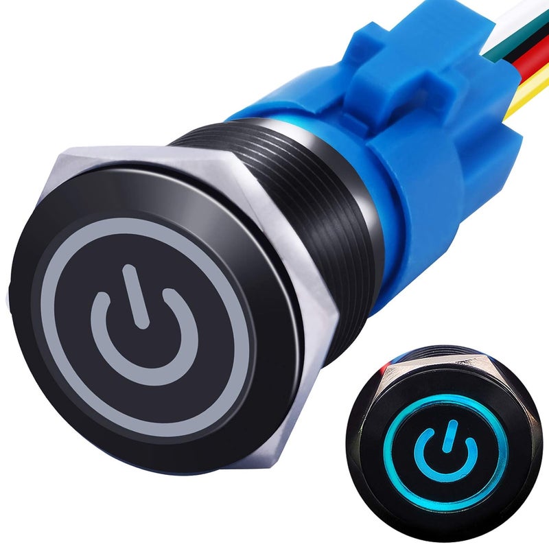 mxuteuk 19mm Waterproof Latching Push Button Switch 12V ON/Off Switch 1NO 1NC SPDT Black Metal with Blue Power Symbol Light with Wire Suitable for 3/4" Mounting Hole for Car Marine RV L-19-POWER-B-BU - Image 1