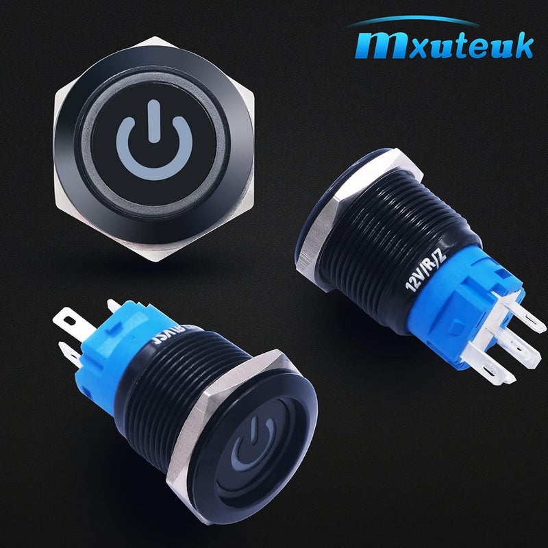mxuteuk 19mm Waterproof Latching Push Button Switch 12V ON/Off Switch 1NO 1NC SPDT Black Metal with Blue Power Symbol Light with Wire Suitable for 3/4" Mounting Hole for Car Marine RV L-19-POWER-B-BU - Image 5