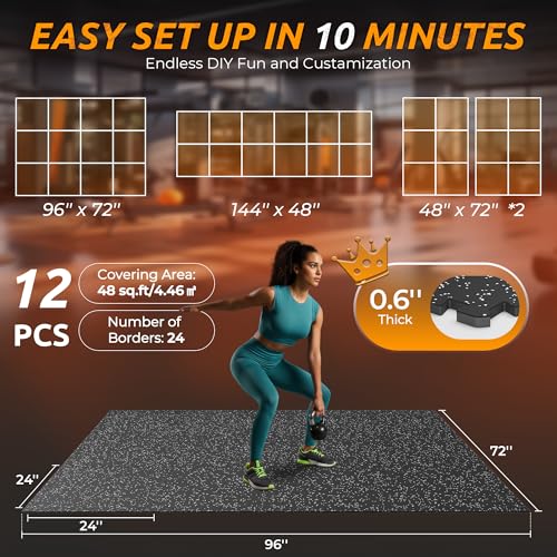 PRAISUN 0.6" Thicker Rubber Top Gym Flooring for Home Gym, 12 Pcs 48 Sq Ft Workout Mats, Exercise Mat, Interlocking Rubber Floor Mats with High Density EVA Foam for Garage, 24 x 24in, Black/Grey - Image 5