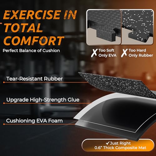 PRAISUN 0.6" Thicker Rubber Top Gym Flooring for Home Gym, 12 Pcs 48 Sq Ft Workout Mats, Exercise Mat, Interlocking Rubber Floor Mats with High Density EVA Foam for Garage, 24 x 24in, Black/Grey - Image 3