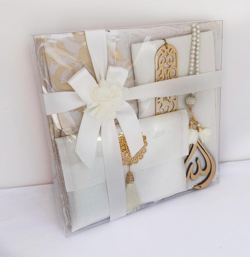 Muslim Prayer Rug 7 in One Gift Set Prayer Mat Surah Book Tasbeeh Scarf Surah Case Bookmark Car Mirror Hanger Prayer BeadsIslamic Gift for Umrah Hajj Wedding Janamaz Cream