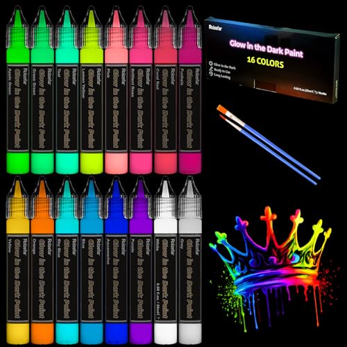 Roizefar Glow in the Dark Paint, 16 Colors (20 ml /0.68 oz) 3D Permanent Acrylic Fabric Paints for Clothes, Neon Fabric Paint for Art Painting and Crafts - Image 1