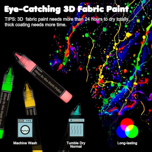Roizefar Glow in the Dark Paint, 16 Colors (20 ml /0.68 oz) 3D Permanent Acrylic Fabric Paints for Clothes, Neon Fabric Paint for Art Painting and Crafts - Image 4