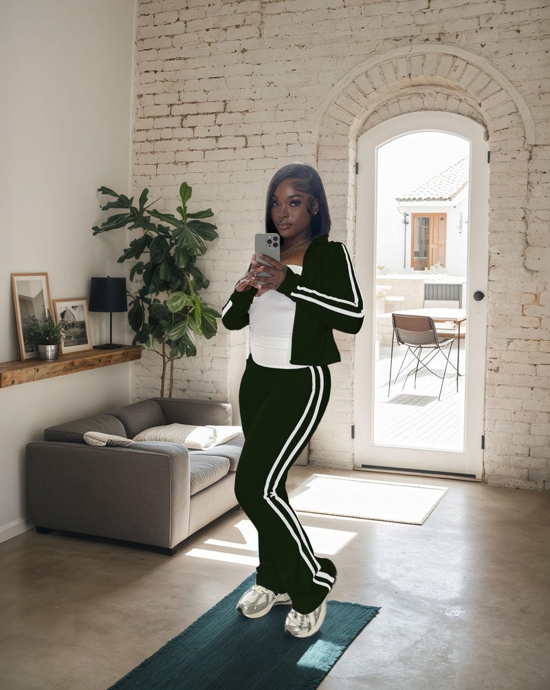HBQ Women's 2 Piece Sweatsuit Sets Zip Up Crop Tops and Flare Pants Casual Striped Tracksuit Jogger Loungewear Set-Dark Green-L - Image 2