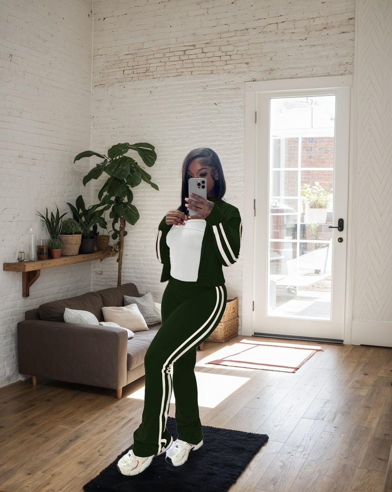 HBQ Women's 2 Piece Sweatsuit Sets Zip Up Crop Tops and Flare Pants Casual Striped Tracksuit Jogger Loungewear Set-Dark Green-L - Image 5